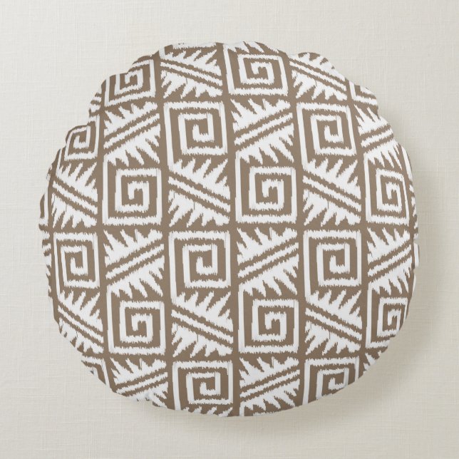Ikat Aztec Tribal - Taupe Tan und Creme Rundes Kissen (Vorderseite)