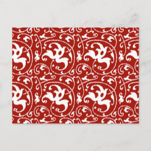 Ikat-Blumendamask - Dunkelrot und Weiß Postkarte