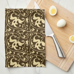Ikat-Blumendamaskus - Schokoladenbraun und Beige Küchentuch