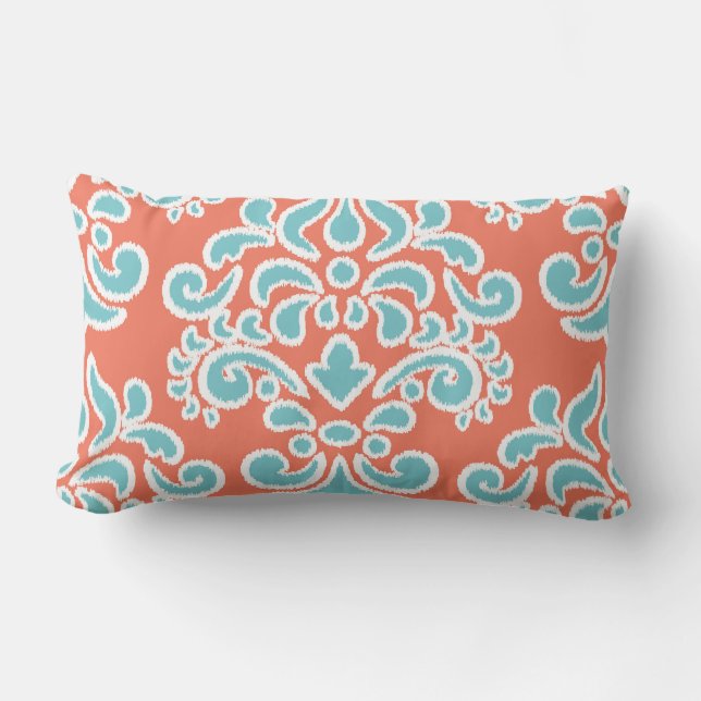Ikat Blumendamast-Aqua und Koralle Kissen Für Draußen (Vorderseite)
