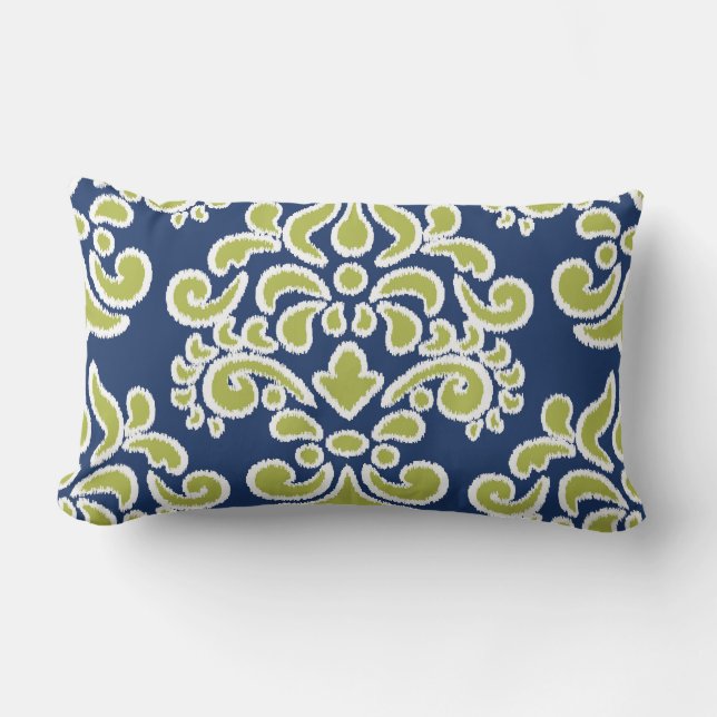 Ikat Blumendamast Blau und Chatreuse Lendenkissen (Vorderseite)