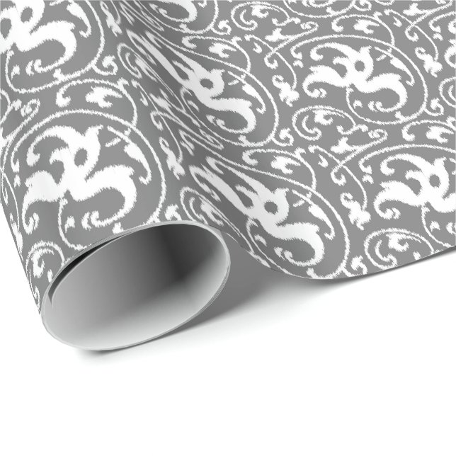 Ikat Blumendamast - Grau/Grau und Weiß Geschenkpapier (Rolleneckpunkt)