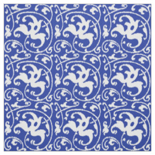 Ikat Blumendamast - Kobalt-Blau und Weiß Stoff