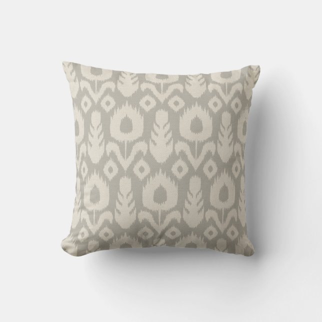 Ikat Blumenmuster hellgrau und natürlich Kissen (Vorderseite)
