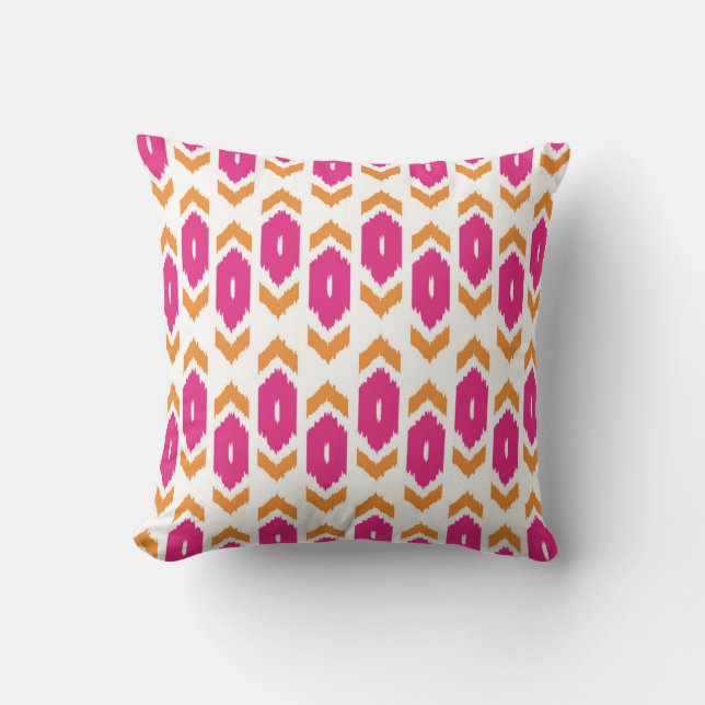 Ikat Boho Pink-Gold und weißes Muster Kissen (Vorderseite)