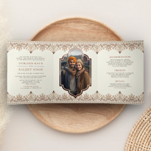 Ikat Border All in One Anand Karaj Sikh Wedding Dreifach Gefaltete Einladung