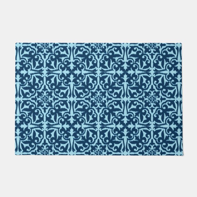 Ikat Damask Muster, Dunkle Indizien und hellblau Fußmatte (Vorderseite)