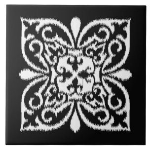 Ikat-Damaskmuster - weiß und schwarz Fliese