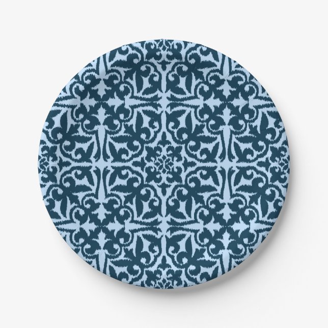 Ikat-Damasmuster - Dunkle Indizierung und hellblau Pappteller (Vorderseite)