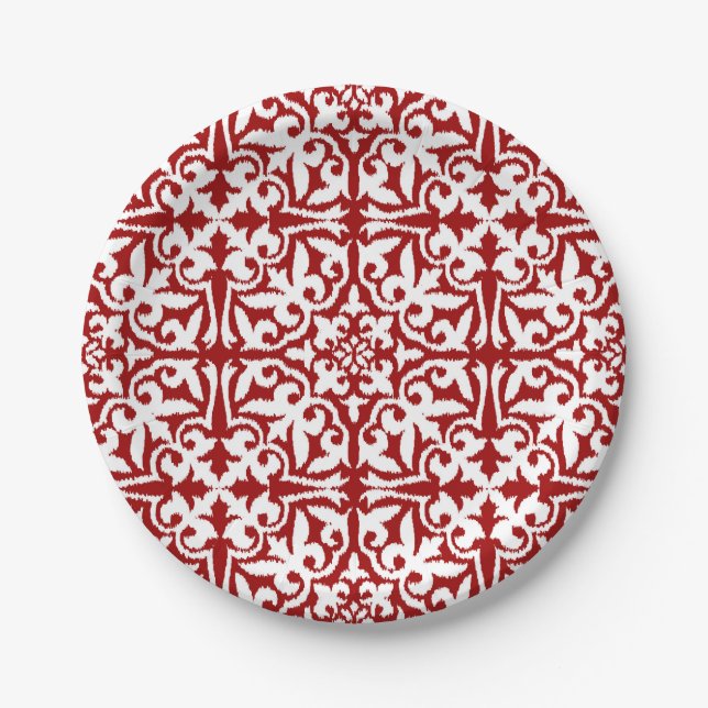 Ikat-Damast-Muster - Dunkelrot und Weiß Pappteller (Vorderseite)