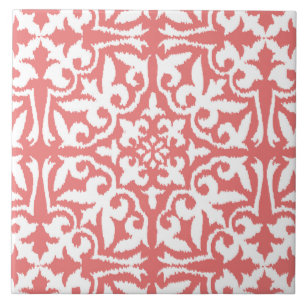 Ikat-Damast-Muster - Korallenrosa und Weiß Fliese
