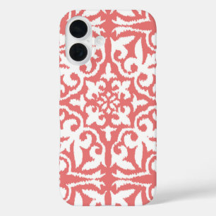 Ikat-Damast-Muster - Korallenrosa und Weiß iPhone 16 Hülle