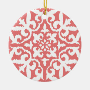 Ikat-Damast-Muster - Korallenrosa und Weiß Keramik Ornament