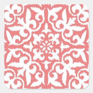 Ikat-Damast-Muster - Korallenrosa und Weiß Quadratischer Aufkleber