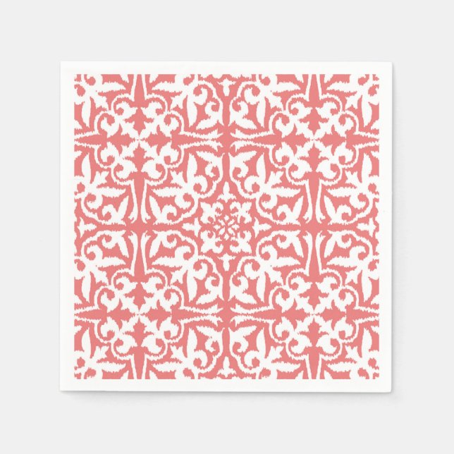Ikat-Damast-Muster - Korallenrosa und Weiß Serviette (Vorderseite)