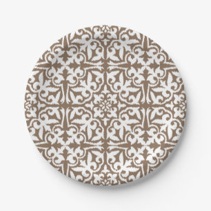 Ikat-Damast-Muster - Taupe Tan und White Pappteller