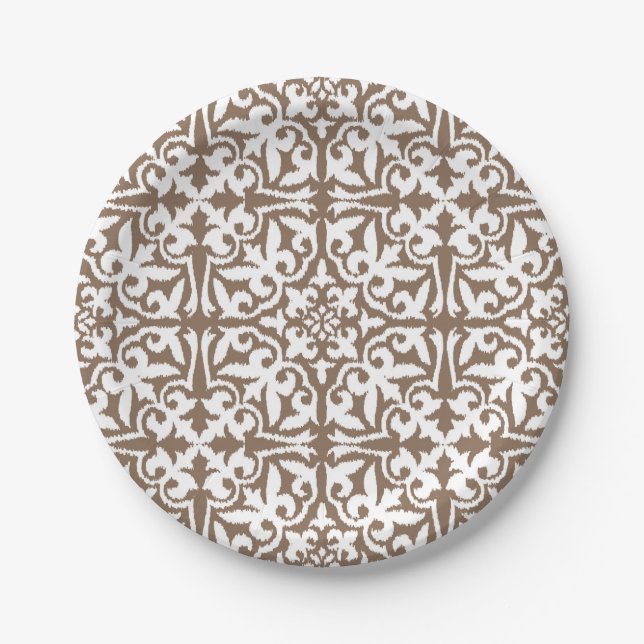 Ikat-Damast-Muster - Taupe Tan und White Pappteller (Vorderseite)