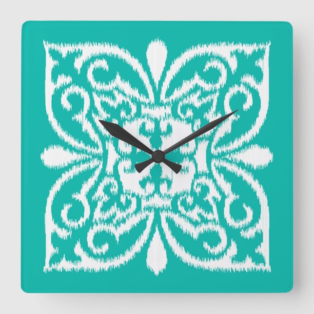 Ikat-Damast-Muster - Türkis und Weiß Quadratische Wanduhr (Vorderseite)