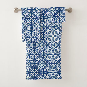 Ikat Damastmuster - Kobalt-Blau und Weiß Badhandtuch Set