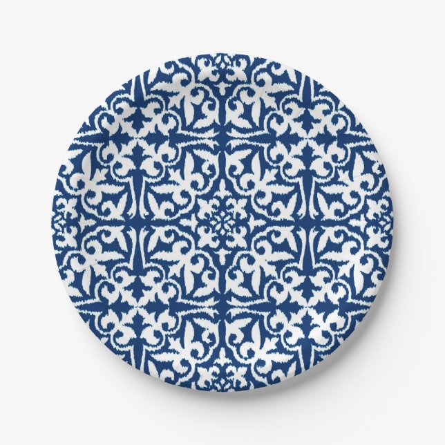 Ikat Damastmuster - Kobalt-Blau und Weiß Pappteller (Vorderseite)