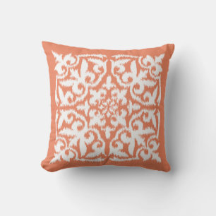 Ikat Damastmuster - korallenrotes Orange und weiß Kissen