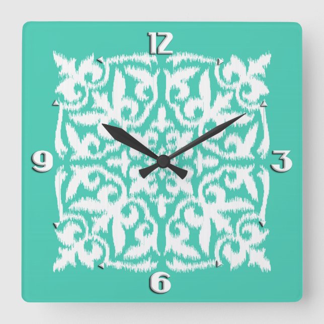 Ikat Damastmuster - Pfaublau und -WEISS Quadratische Wanduhr (Vorderseite)