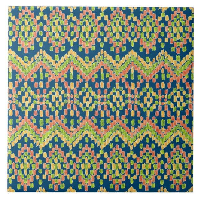 Ikat ethnisches maurisches Muster auf Blau Fliese (Vorderseite)