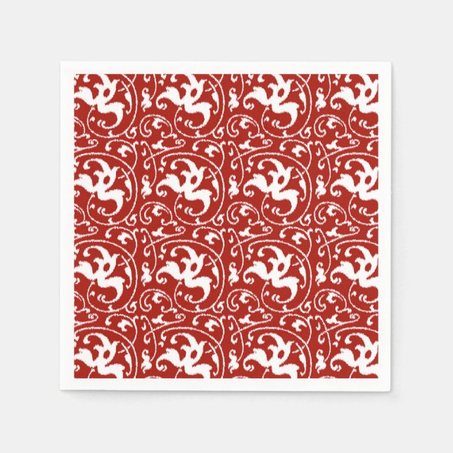 Ikat Floral Damask - Dunkelrot und Weiß Serviette (Vorderseite)