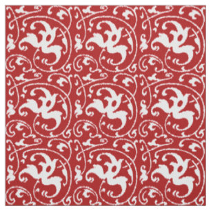 Ikat Floral Damask - Dunkelrot und Weiß Stoff