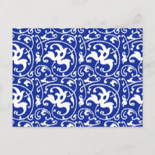 Ikat Floral Damask - Kobalt blau und weiß Postkarte