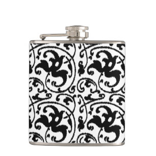 Ikat Floral Damask - Weiß und Schwarz Flachmann