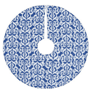 Ikat Maurische Damaske - Indigo und Weiß Polyester Weihnachtsbaumdecke