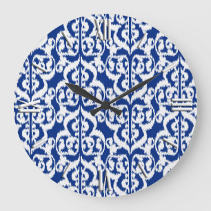 Ikat Maurische Damaske - Kobalt blau und weiß Große Wanduhr
