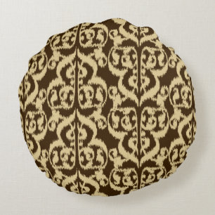 Ikat Maurische Damaske - schokoladenbraun und brau Rundes Kissen