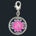 Ikat-Monogramm Charm<br><div class="desc">Ein Geschenk,  das in der Mitte mit dem Monogramm in rosa Kreis personalisiert werden kann. Hintergrund ist marineblau und weiß kat Muster.</div>