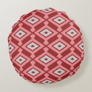 Ikat-Muster - Burgund, Grau und Koralle Rundes Kissen