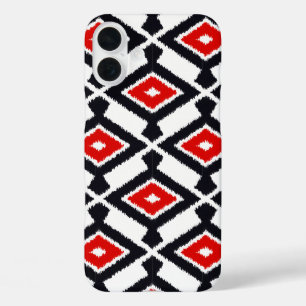 Ikat-Muster - Dunkelrot, Schwarz und Weiß iPhone 16 Plus Hülle