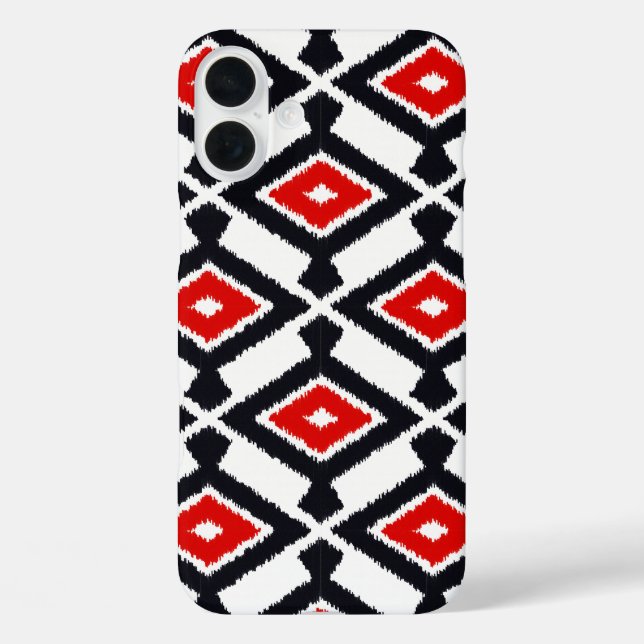 Ikat-Muster - Dunkelrot, Schwarz und Weiß iPhone 16 Plus Hülle (Rückseite)