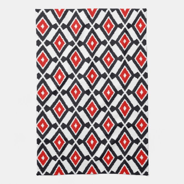 Ikat-Muster - Dunkelrot, Schwarz und Weiß Küchentuch (Vertikal)