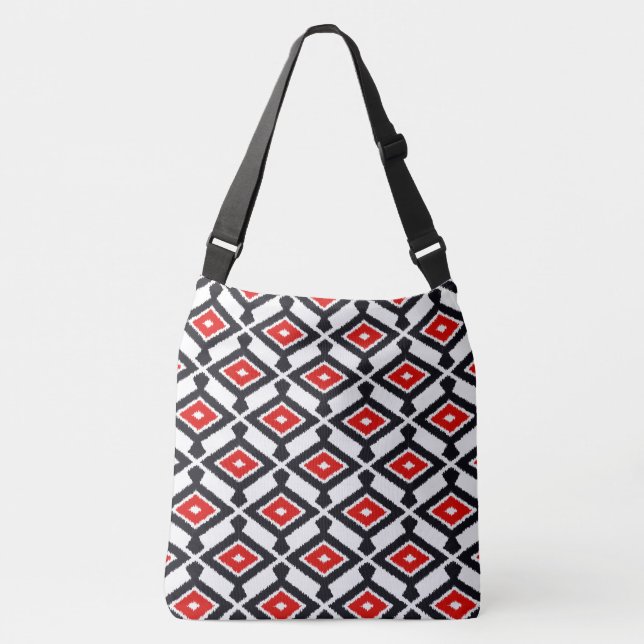 Ikat-Muster - Dunkelrot, Schwarz und Weiß Tragetaschen Mit Langen Trägern (Vorderseite)