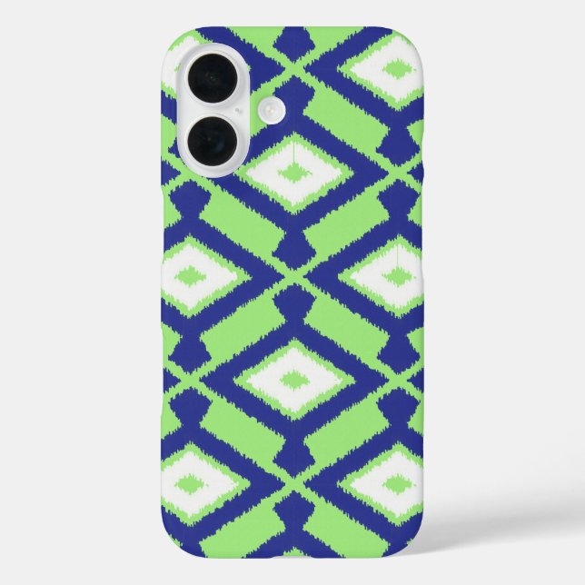 Ikat-Muster - Grün, Indigoblau und Weiß iPhone 16 Hülle (Rückseite)