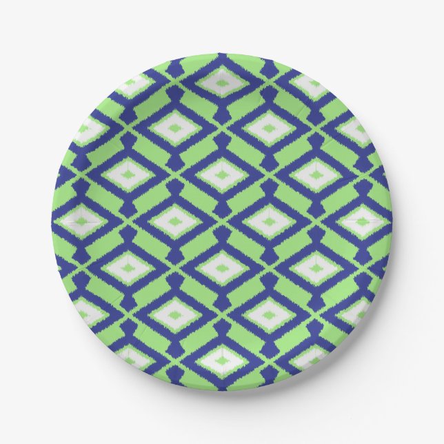 Ikat-Muster - Grün, Indigoblau und Weiß Pappteller (Vorderseite)