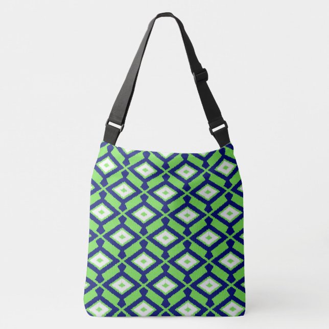 Ikat-Muster - Grün, Indigoblau und Weiß Tragetaschen Mit Langen Trägern (Vorderseite)