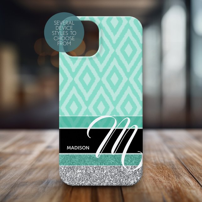 Ikat Muster mit Monogramm - aquamarin grün schwarz Case-Mate iPhone Hülle (Personalized Phone Case with Monogram)