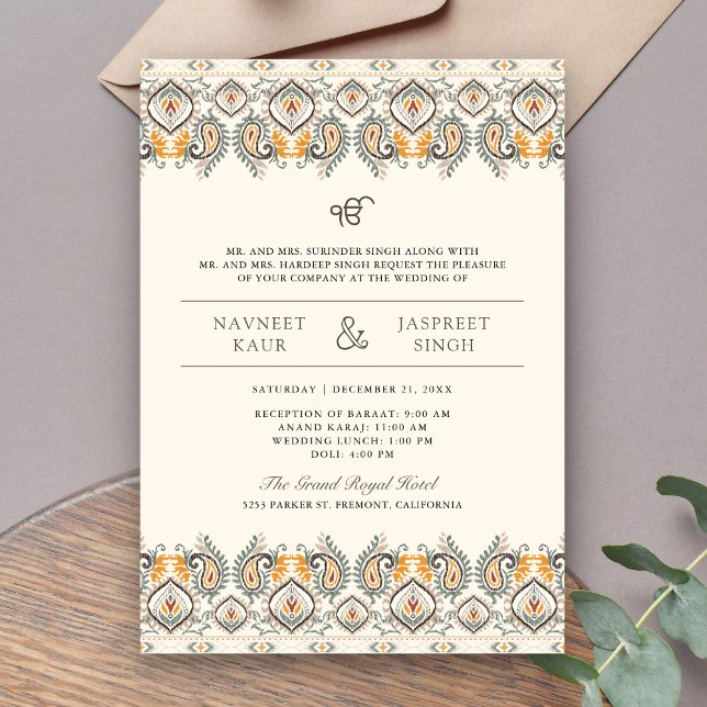 Ikat Paisley Border Cream Anand Karaj Sikh Wedding Einladung (Von Creator hochgeladen)
