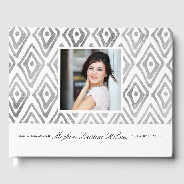 Ikat Pattern Abschluss Gästebuch | Silber (Vorderseite)