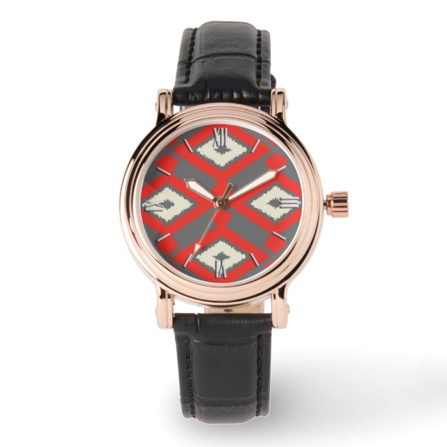 Ikat Pattern - Rot, Grau und Beige Armbanduhr (Vorderseite)