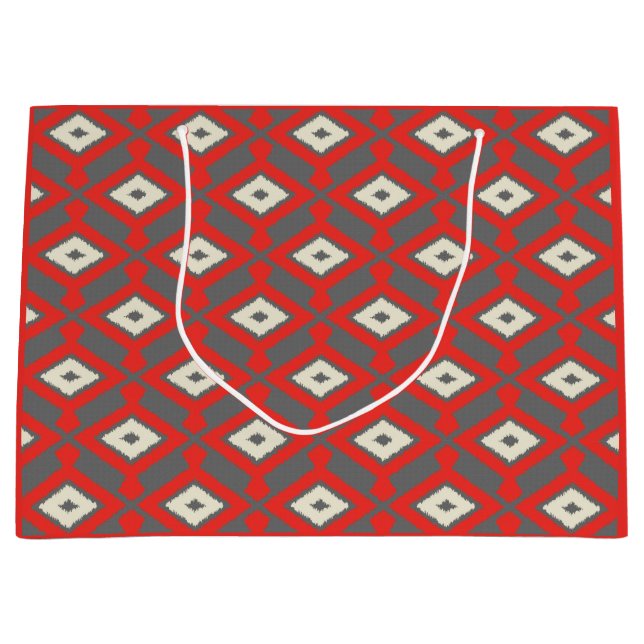 Ikat Pattern - Rot, Grau und Beige Große Geschenktüte (Vorderseite)