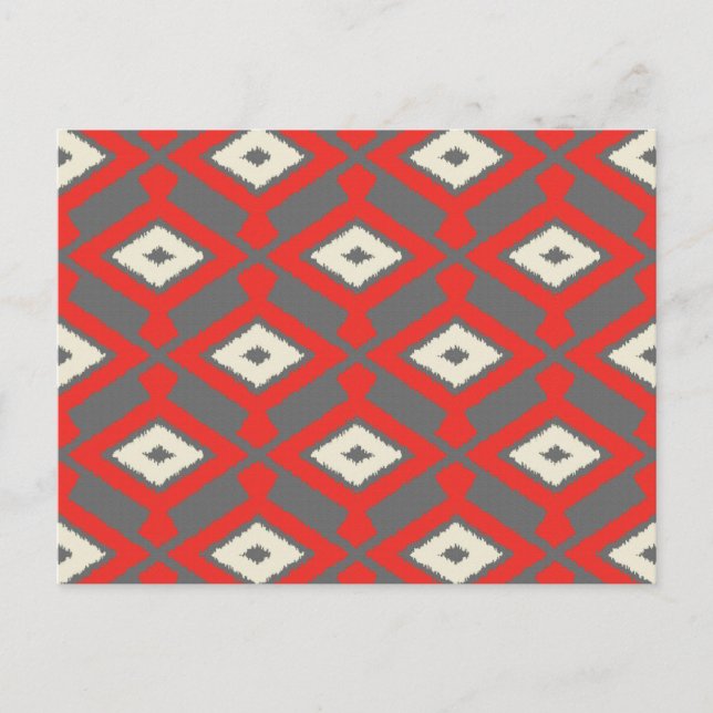 Ikat Pattern - Rot, Grau und Beige Postkarte (Vorderseite)