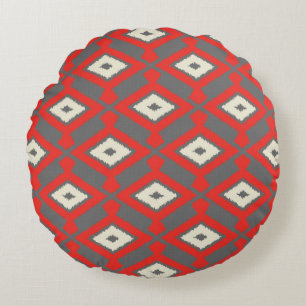 Ikat Pattern - Rot, Grau und Beige Rundes Kissen